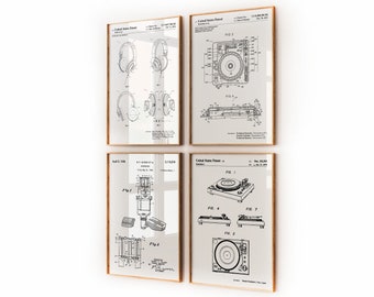 DJ Set Of 4 Patent Prints, Music Studio Decor, Producer Gift, Office Wall Art, Bedroom Posters, Musician Room Art, Game Room Prints