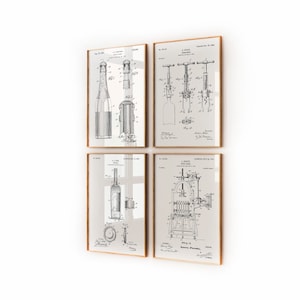 Wine And Champagne Set Of 4 Patent Prints, Kitchen Wall Art, Dining Room Decor, Pub Posters, Bar Artwork, Restaurant Art