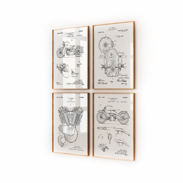 Harley Davidson Set of 4 Patent Prints, Motorcycle Wall Art, Biker Gift, Motorbike Wall Art, Garage Decor, Man Cave Artwork, Bedroom Print