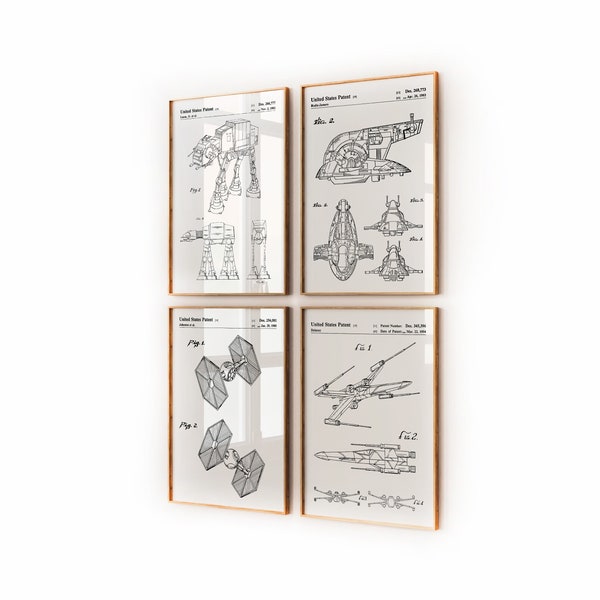 Star Wars Set Of 4 Patent Prints, Student Gifts, Home Office Decor, Bedroom Wall Art, Parchment, Chalkboard, Games Room Posters