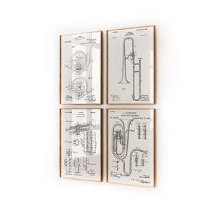 Brass Instrument Set Of 4 Patent Prints, Music Room Decor, Studio Wall Art, Bedroom Poster, Musician Gift, Teacher Present, Instrument Art