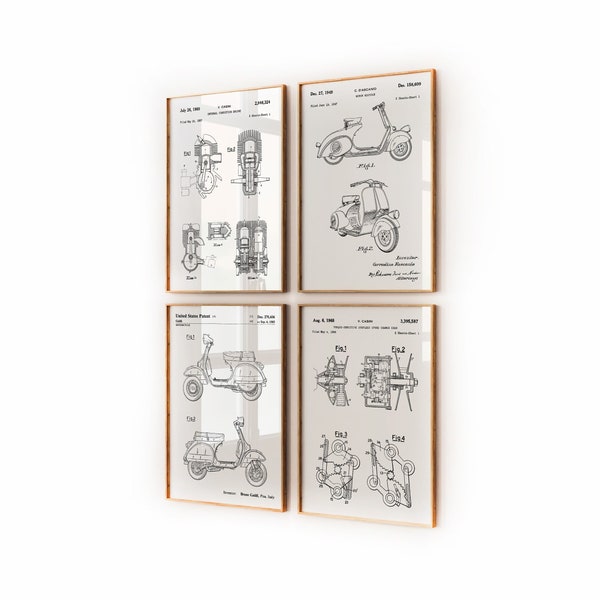 Vespa Roller 4er Set Patent Drucke, Moped Geschenke, Roller Poster, Roller Geschenke, Biker Wandkunst, Motorrad Dekor