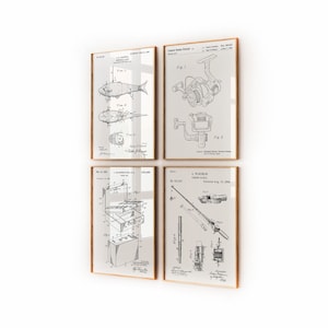 Fishing Set Of 4 Patent Prints, Man Cave Wall Art, Angling Gifts, Nautical Wall Art, Vintage Office Decor, Beach House Artwork