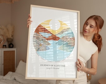 Personalised Watercolour Mountain Map Print, Custom Travel Wall Art, Customised Couples Gift, Any Location, City Map Poster, Country Decor