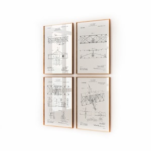 Wright Brothers Set Of 4 Patent Prints, Aviation Wall Art, Airplane Poster, Air Force Gift, Pilot Gifts, Aircraft Art, Aircraft Office Art