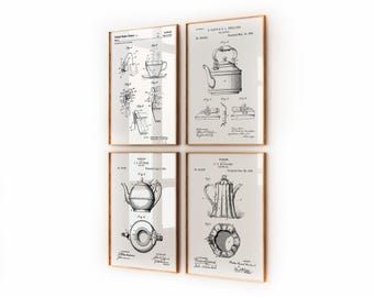 Tea Set Of 4 Patent Prints, Kitchen Wall Art, Tea Shop Decor, Tea Drinker Gifts, Cafe Poster, Dining Room Artwork, Restaurant Art