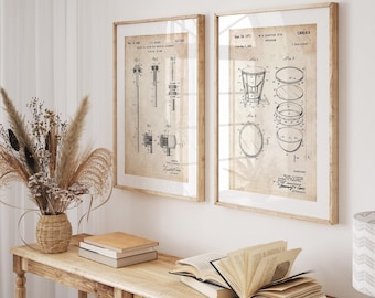 Kettledrum And Mallet Set Of 2 Patent Prints, Music Room Decor, Studio Wall Art, Bedroom Poster, Drummer Gift, Player Gift, Drums Artwork