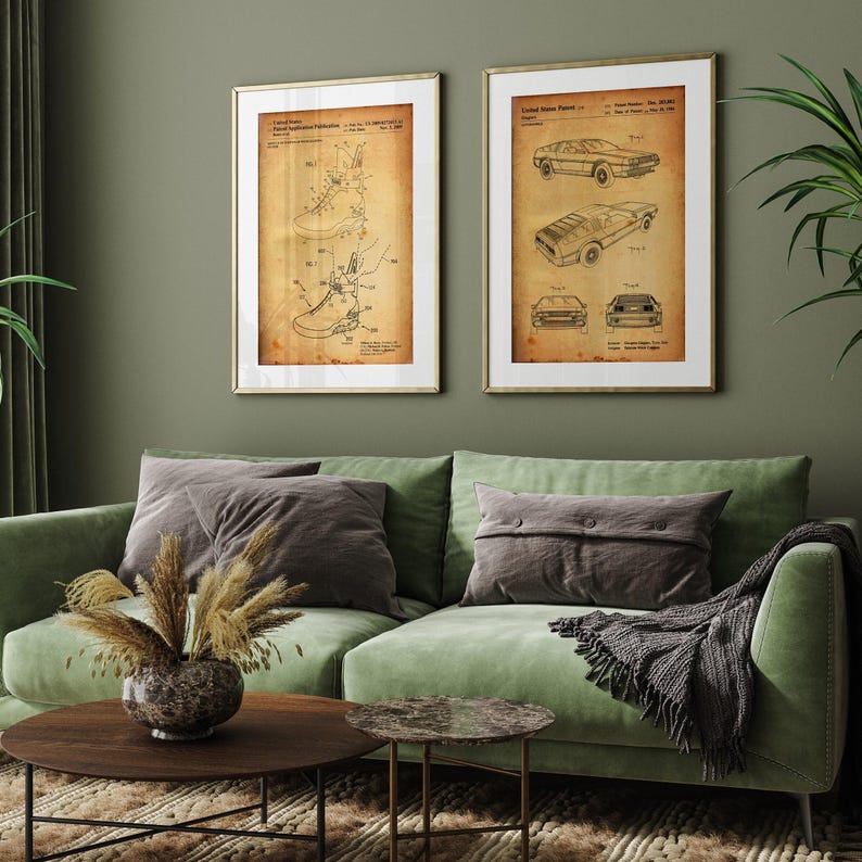Juego de 2 láminas de patentes de películas, póster, ilustraciones de zapatillas, arte mural de películas, decoración de películas retro imagen 10