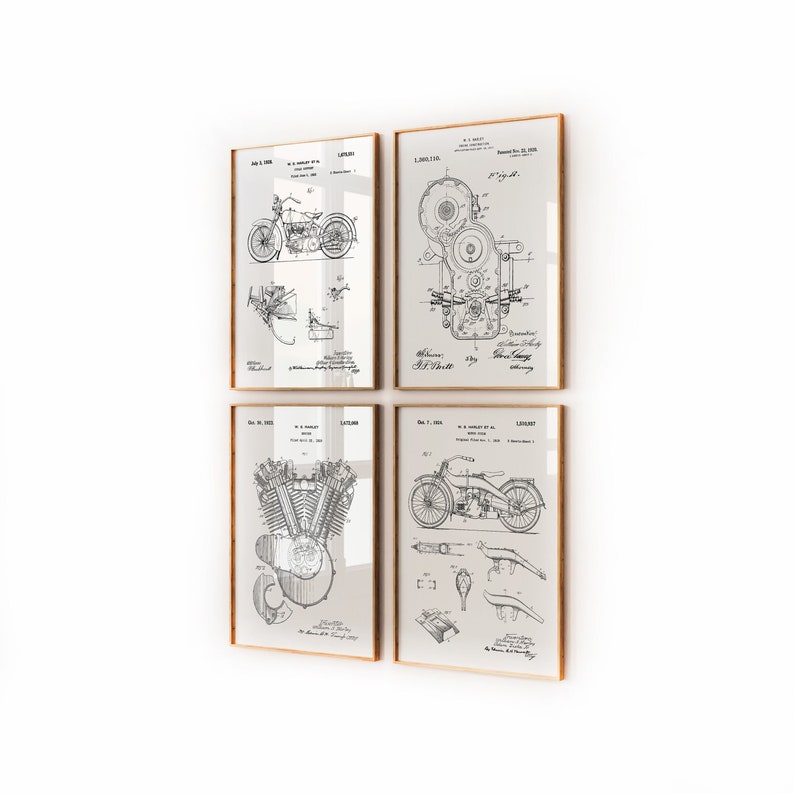 Harley Davidson 4er Set Patentdrucke, Motorrad Wandkunst, Biker Geschenk, Motorrad Wandkunst, Garage Dekor, Mann Höhle Kunstwerk, Schlafzimmer Druck White