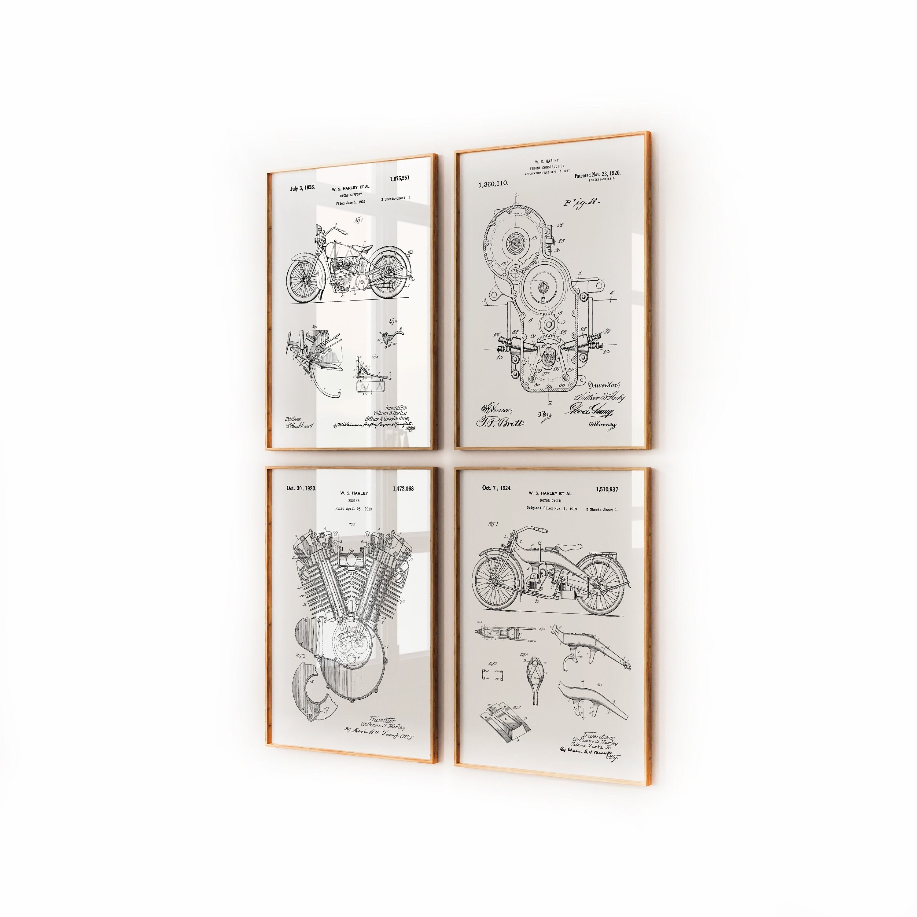 Harley Davidson | 4er Set Patentdrucke Harley | Wand Kunst Poster Blaupause Dekor Geschenke