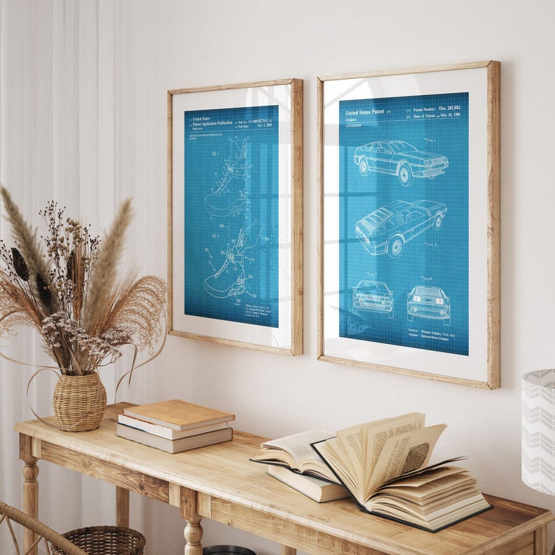 Juego de 2 láminas de patentes de películas, póster, ilustraciones de zapatillas, arte mural de películas, decoración de películas retro Blueprint