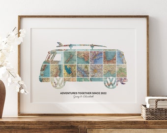 Personalised Travel Map Print, Camper Van Poster, Custom Travel Wall Art, Customised Couples Gift, Any Location, Personalized City Map Print