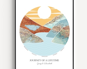 Personalized Travel Map Print, Mountain City Art, Couples Gift