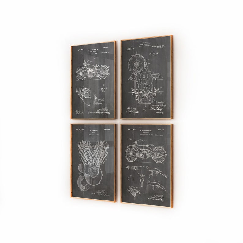 Harley Davidson 4er Set Patentdrucke, Motorrad Wandkunst, Biker Geschenk, Motorrad Wandkunst, Garage Dekor, Mann Höhle Kunstwerk, Schlafzimmer Druck Chalkboard