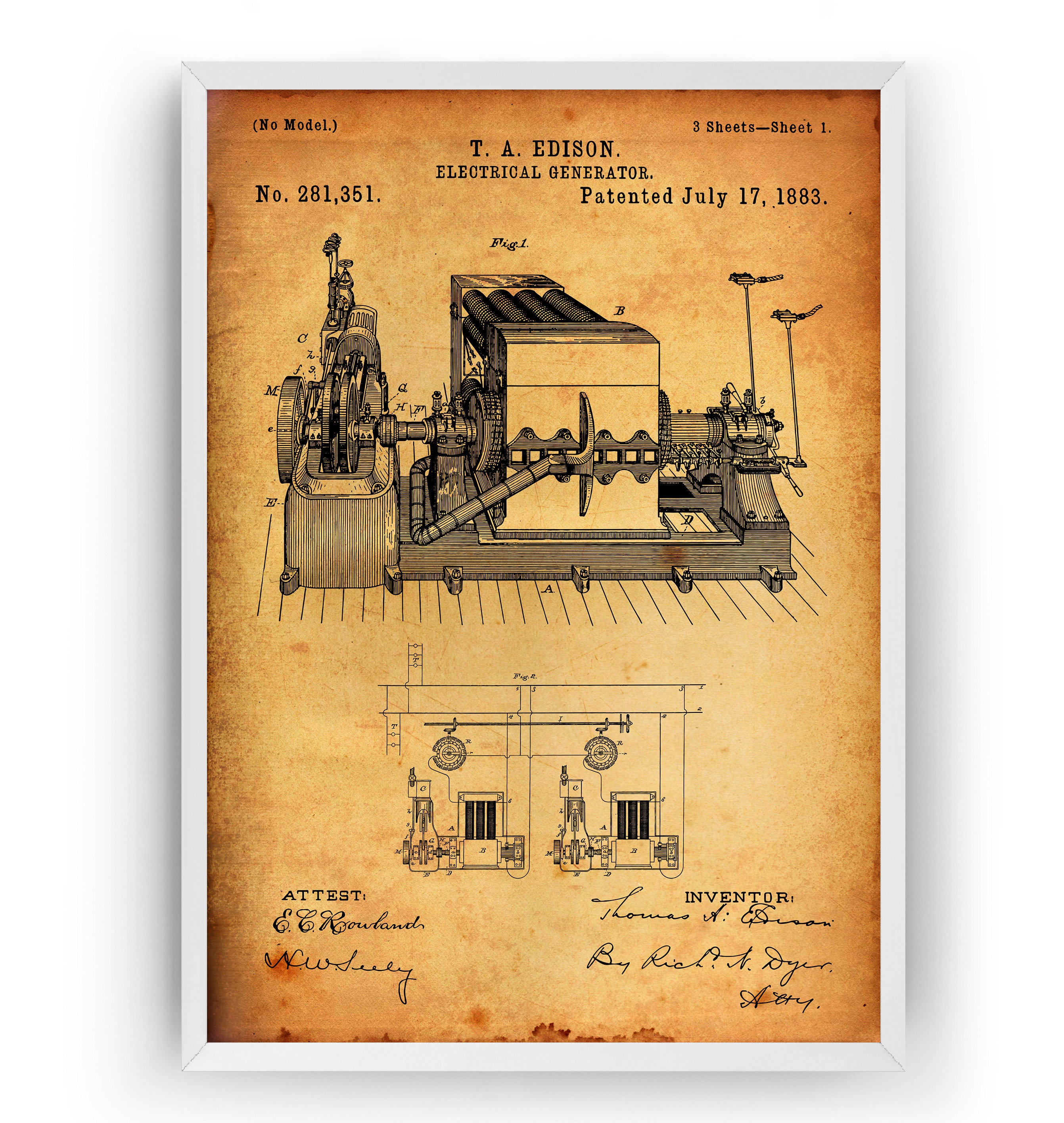 Patent Print Ready To Be Framed! Thomas Edison Electrical Generator 1883 
