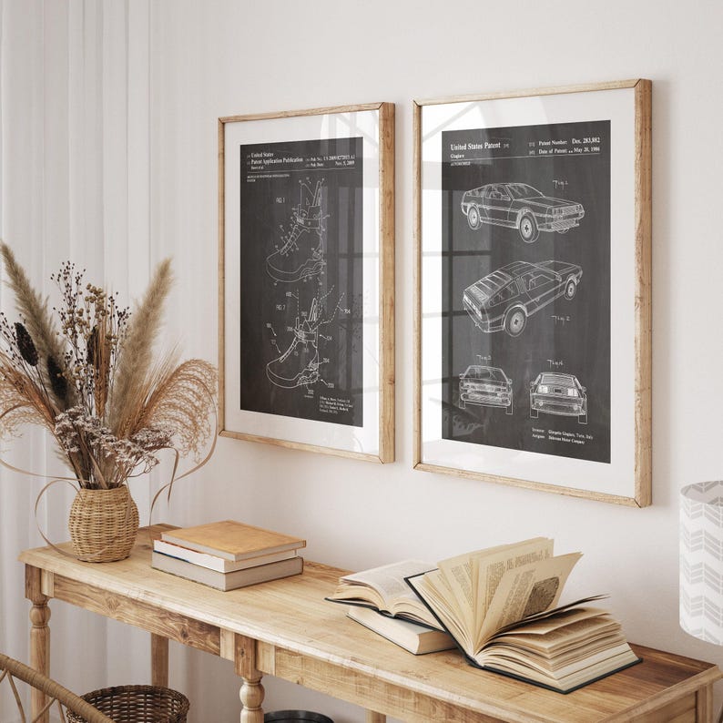 Juego de 2 láminas de patentes de películas, póster, ilustraciones de zapatillas, arte mural de películas, decoración de películas retro Chalkboard