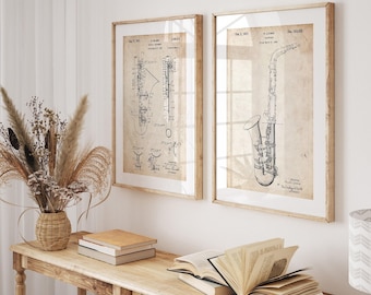 Saxophone Patent Print Set, Vintage Instrument Art, Music Room Decor