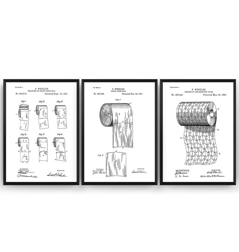 Toilet Paper Roll Set of 3 Patent Prints Bathroom Blueprint - Etsy UK