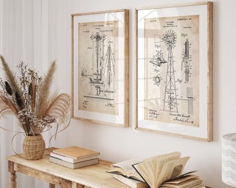 Juego de 2 láminas con diseño de molino de viento, láminas de temática agrícola, decoración para casas de campo, regalo para agricultores, arte mural vintage, póster de tractor.