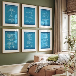 May include: Six framed blue and white patent prints of spacecraft designs. The prints are displayed on a green wall above a brown sofa. The frames are gold-coloured, and the prints have a blueprint style.