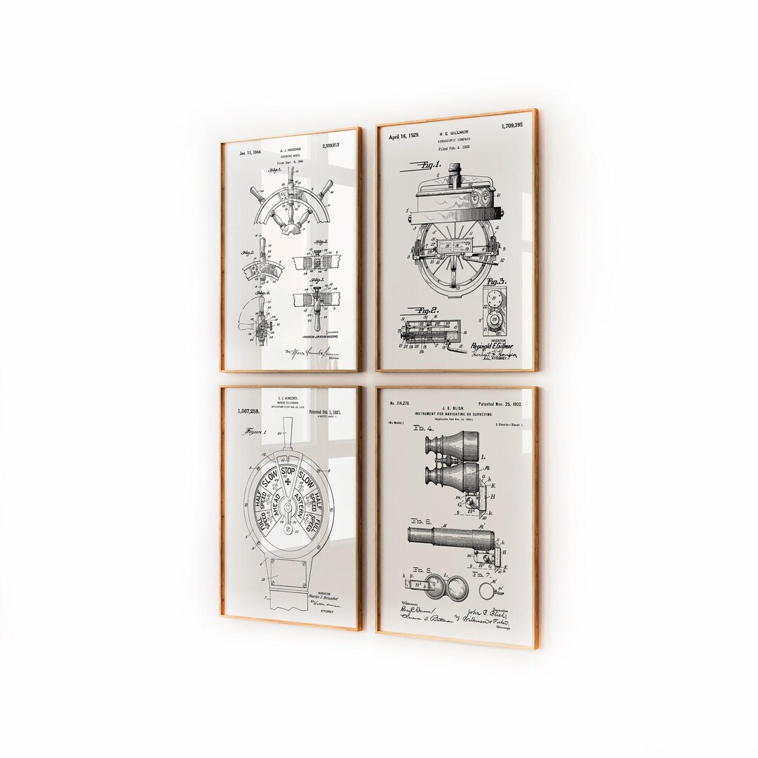Marine & Maritime Set of 4 Patent Prints, Nautical Decor, Boat Wall Art ...