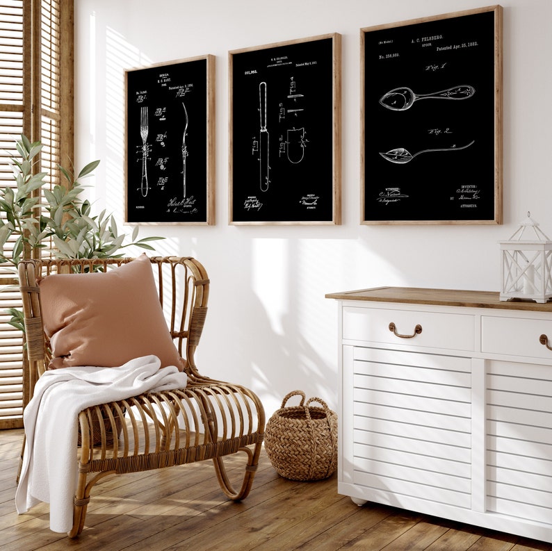 Dining Room Set Of 3 Patent Prints, Cutlery Art, Kitchen Wall Art, Restaurant Print, Cafe Artwork Black