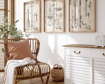 Bass Guitar Set Of 3 Patent Prints, Guitarist Gifts, Music Room Decor, Studio Wall Art, Bedroom Posters, Present For Musician