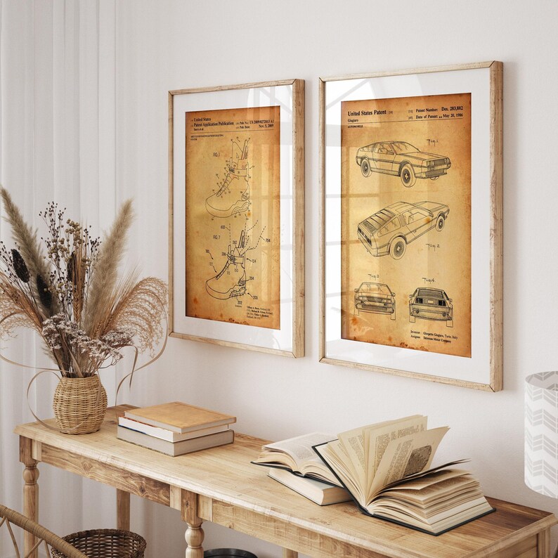 Juego de 2 láminas de patentes de películas, póster, ilustraciones de zapatillas, arte mural de películas, decoración de películas retro Vintage