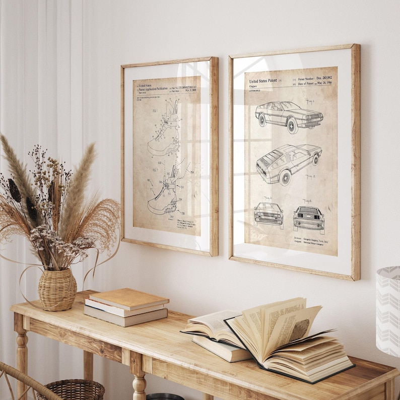 Juego de 2 láminas de patentes de películas, póster, ilustraciones de zapatillas, arte mural de películas, decoración de películas retro Parchment