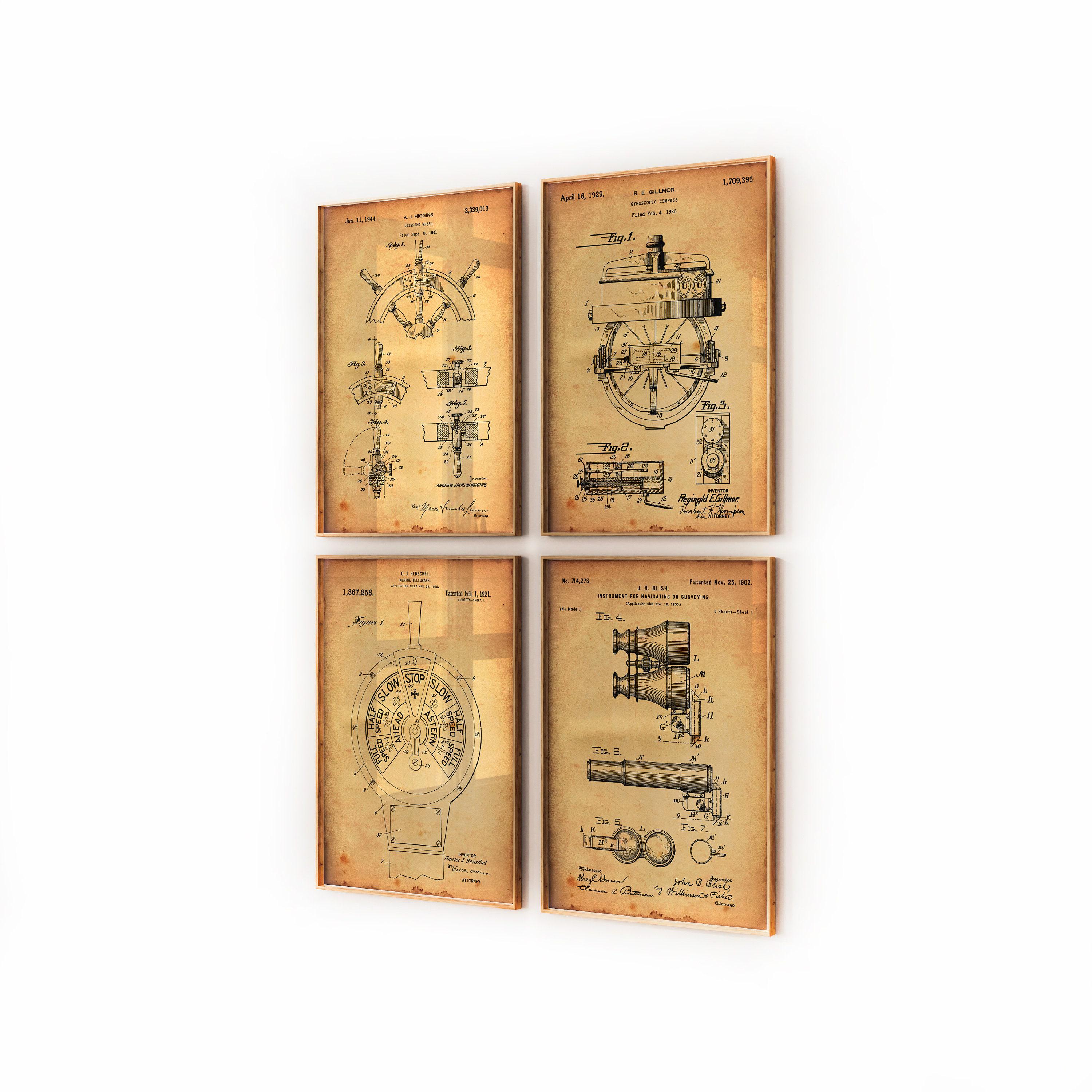 Marine & Maritime Set of 4 Patent Prints, Nautical Decor, Boat Wall Art ...