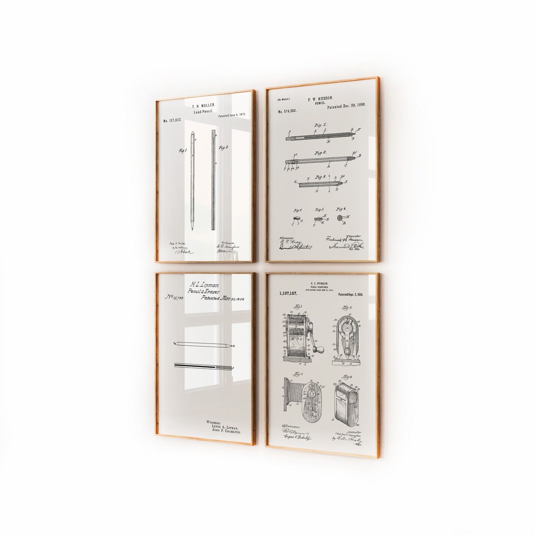 Pencil Set of 4 Patent Prints, Office Wall Art, Writers Gift, Workplace ...