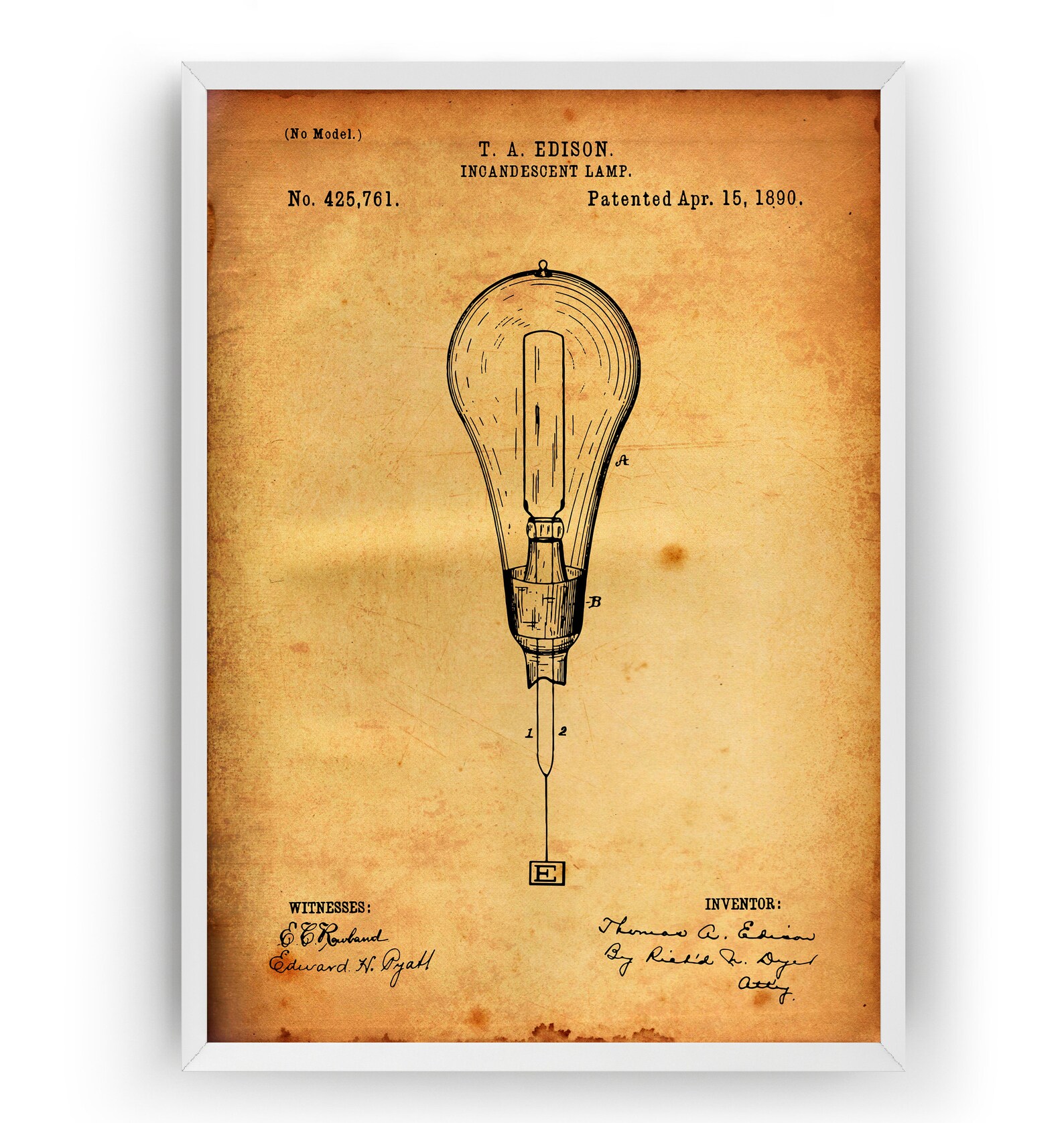 Thomas Edison Incandescent Light Bulb 1890 Patent Print Wall Etsy UK