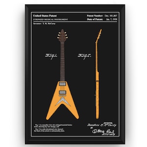 Flying V 1958 Guitar Colourised Patent Print, Guitarist Gifts, Music Room Decor, Studio Wall Art, Bedroom Posters, Musician Present