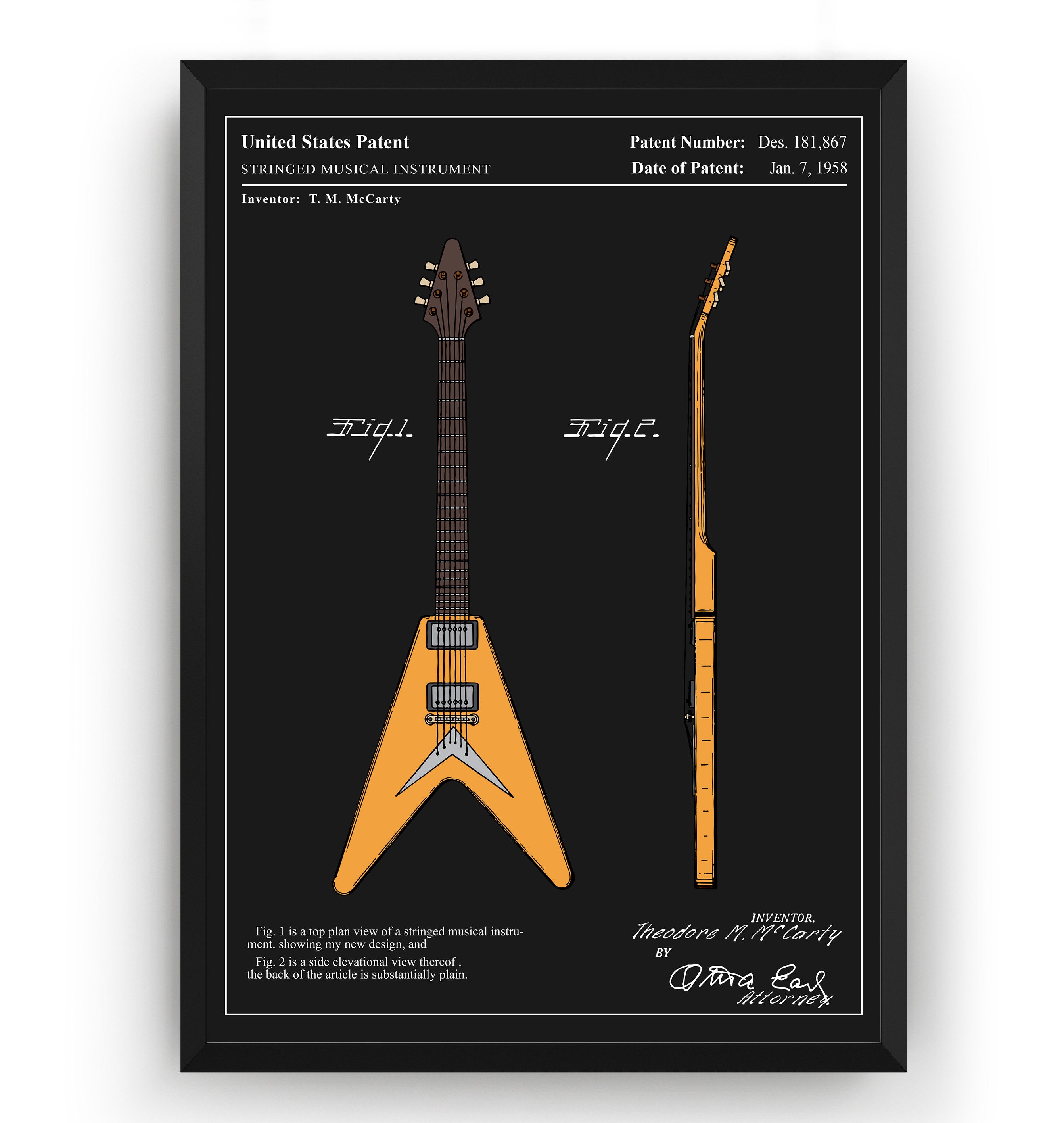 フライング V 1958 ギター カラー特許プリント、ギタリストへのギフト