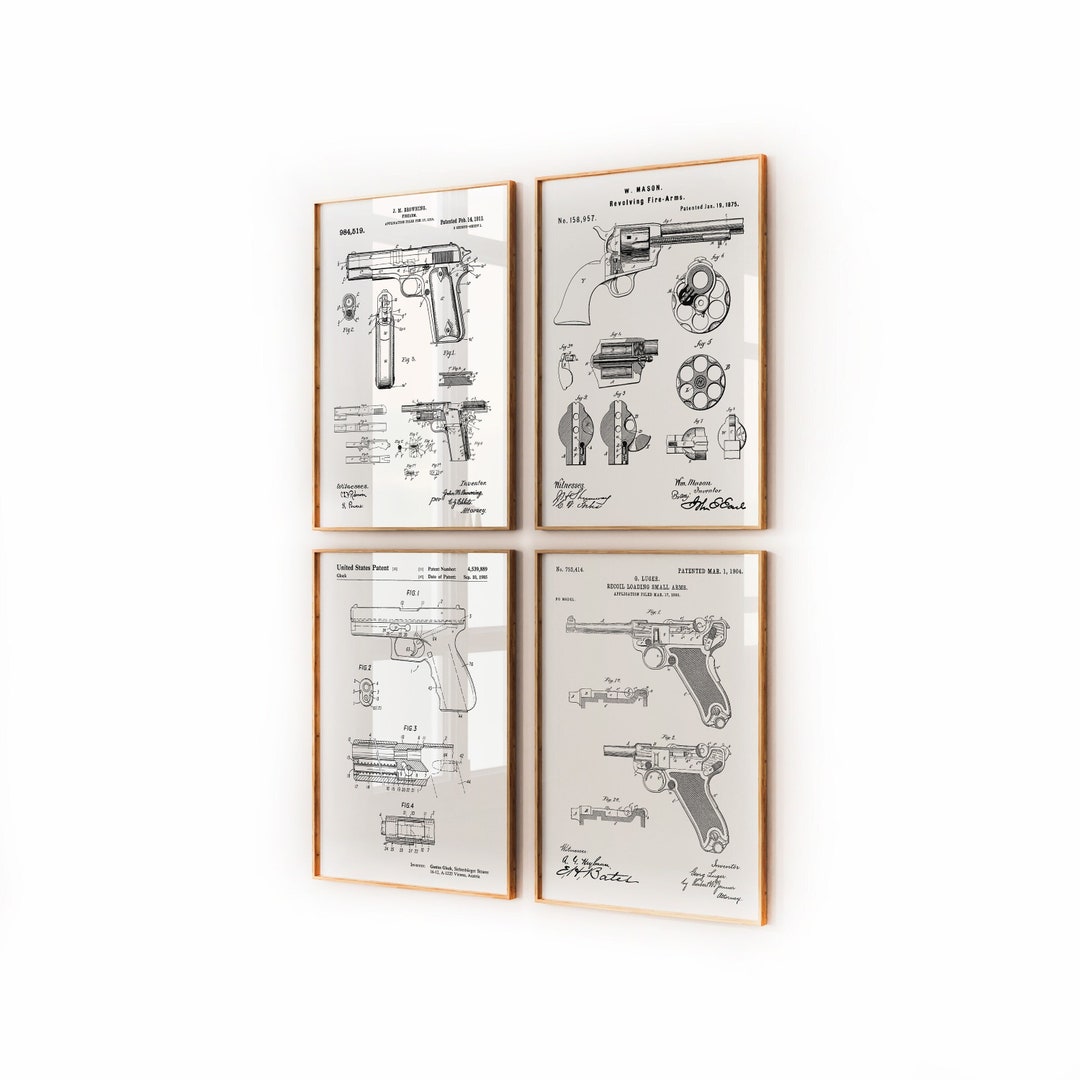 Pistol Set of 4 Patent Prints, Military Retirement Gift, Army Decor ...