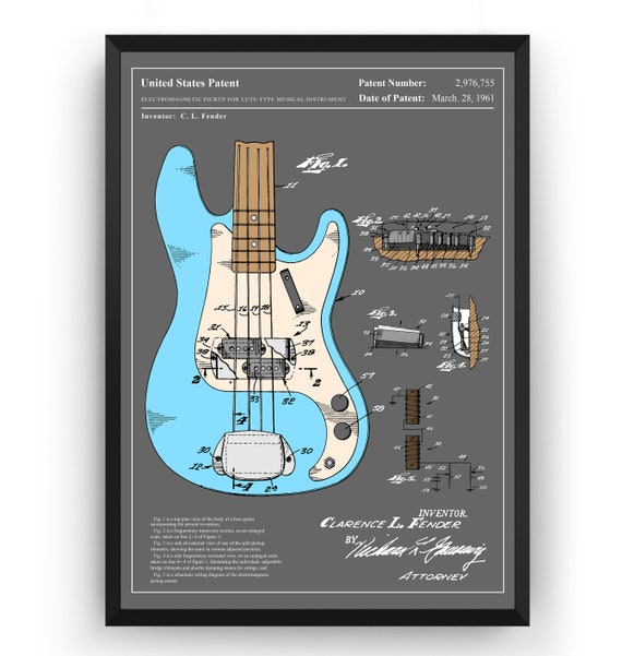 1961 Fender Precision Bass Guitar Patent Wall Art Print Gifts For Bass Players