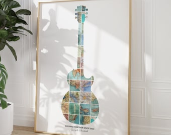Personalised Music Concert Map Print, Guitar, Custom Travel Wall Art, Customised Couples Gift, Any Location, Personalized City Map Print