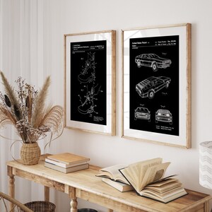 Juego de 2 láminas de patentes de películas, póster, ilustraciones de zapatillas, arte mural de películas, decoración de películas retro Black