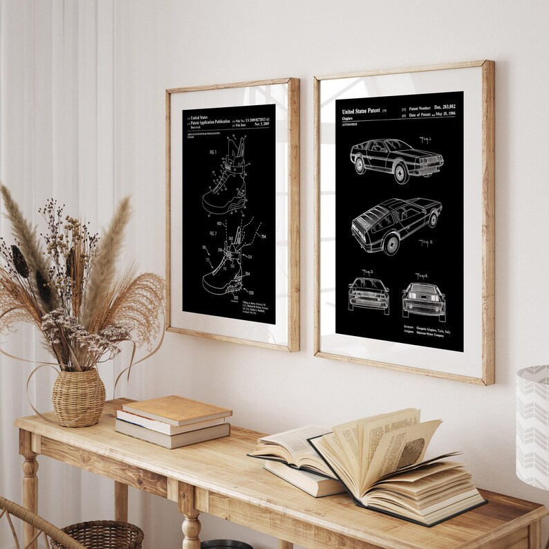 Juego de 2 láminas de patentes de películas, póster, ilustraciones de zapatillas, arte mural de películas, decoración de películas retro Black