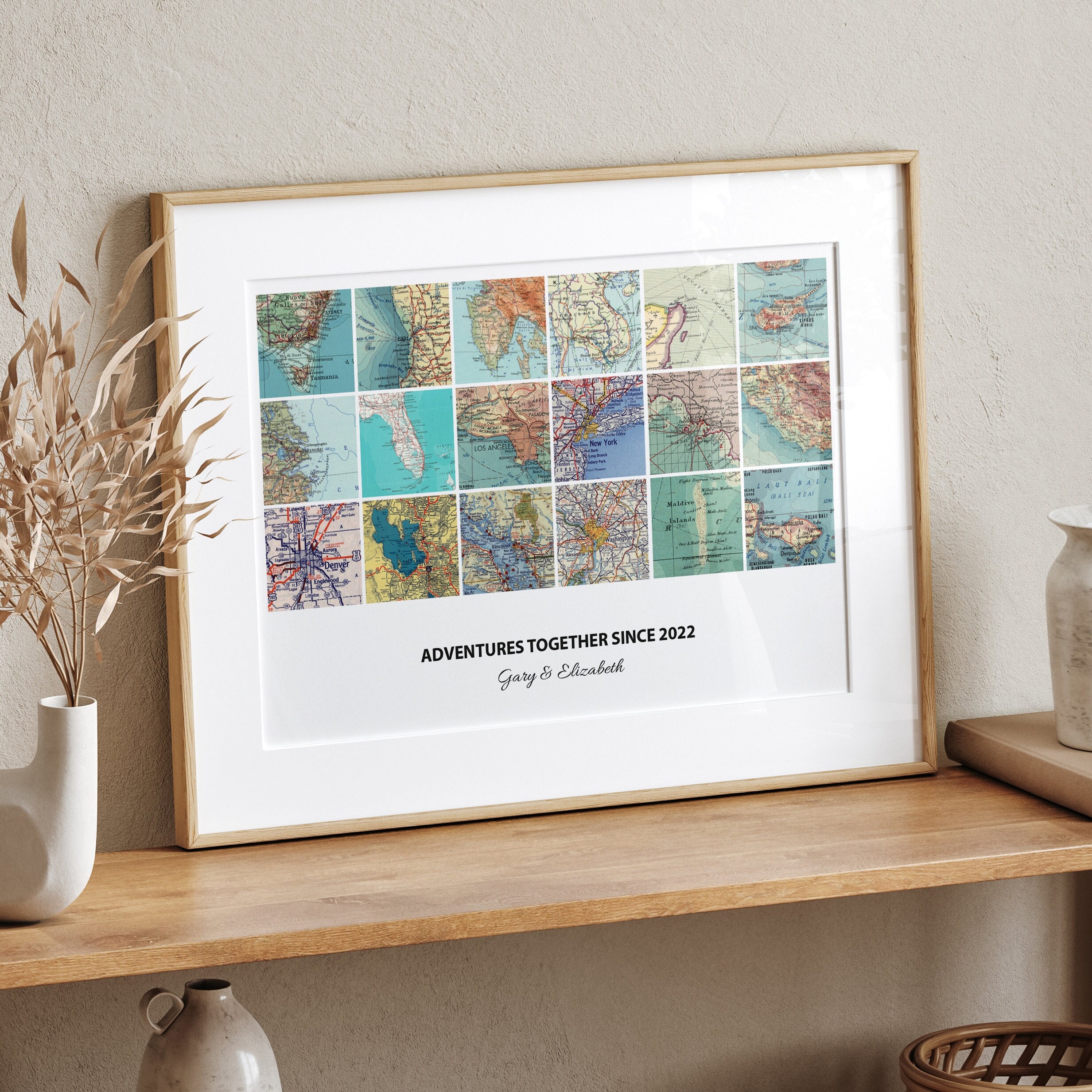 Personalised Travel Map Print, (Landscape Square Modern), Custom Travel Wall Art, Customised Couples Gift, Personalized City Map Print