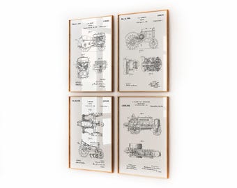 トラクターセット 特許プリント4枚セット 農業用壁アート 設計図ポスター 農家風インテリアギフト