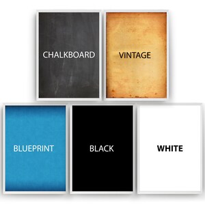 five framed artworks, each with a different color and style, arranged in a row.