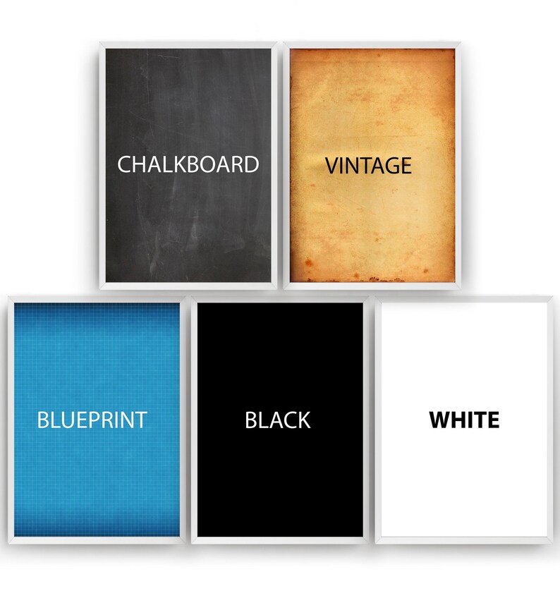 five framed artworks, each with a different color and style, arranged in a row.