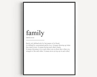May include: Black and white printable wall art with a definition of the word "family". The definition reads: "family isn't defined only by last names or by blood, it's defined by commitment and by love. It means showing up when they need it most. It means having each other's backs. It means choosing to love each other even on those days when you struggle to like each other. It means never giving up on each other!"