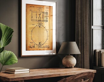 Snare Drum Patent Print, 1939 Blueprint, Music Room Decor