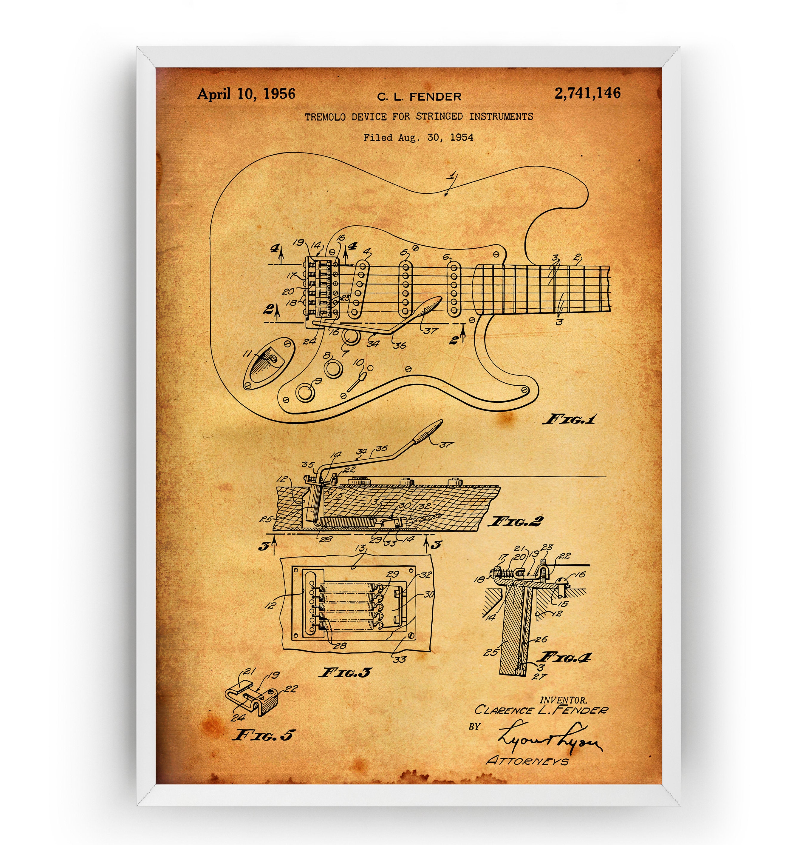 Fender Guitar - Vintage Patent Poster Retro Blueprint Wall Decor