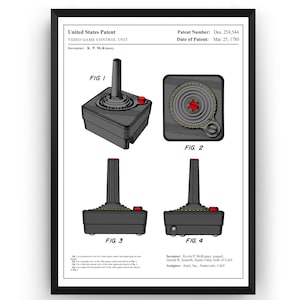 Pode incluir: Ilustração patenteada emoldurada de uma unidade de controle de videogame, com quatro diagramas. Os diagramas mostram o controlador de diferentes ângulos, incluindo uma vista de cima e vistas em perspectiva. O número da patente é Des. 254.544, datado de 25 de março de 1780.