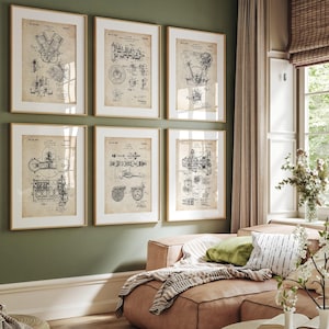 May include: Six framed vintage engine patent prints displayed on a green wall. The prints feature detailed black and white technical drawings of engine components, set against a cream-colored background. The frames are a light wood color.