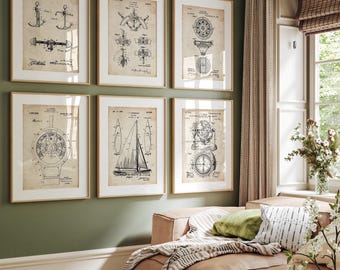 Sailing Patent Prints, Nautical Wall Art, Set of 6