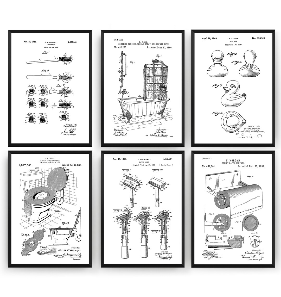 Bathroom Patent Prints Toilet Decor Wall Art Restroom Poster Blueprint
